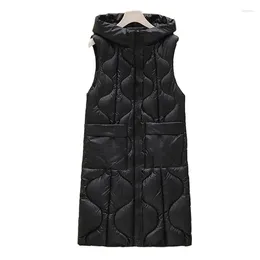 Women's Vests Winter Autumn Long Hooded Big Pocket Plus Size 2XL Vest Sleeveless Coat Cotton Dwon Warm Thick Jacket Outerwear