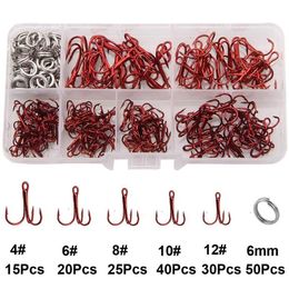 Fishing Hooks 180pcs Box Treble Tackle Kit High Carbon Steel Round Bend With Stainless Double Split Rings200M