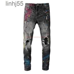 Men's Jeans Designer Clothing Amires Denim Pants Amies High Street Double Knee Torn Mens Fashion Brand Slim Fit Small Foot StretchY207