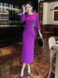 Casual Dresses ZJYT Elegant Luxury Beading Purple Midi Evening Party For Women 2024 Autumn Vestidos Plus Size Formal Occasion Robe XXXL