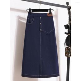 Skirts Female Casual Blue Denim Skirt Plus Size Faux Pocket A-Line Elastic Waist Split Jean Spring Summer Versatile Wear