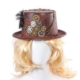 Steampunk Retro Hats Carnival Cosplay Bowler Gear Chain Feather Decor Party Caps Halloween Brown Round Top Hats For Men Women T200246y