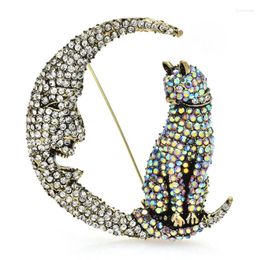 Brooches Wuli&baby Sparkling Sitting Moon Cat For Women Big Rhinestone Beautiful Pets Party Office Brooch Pin Gifts