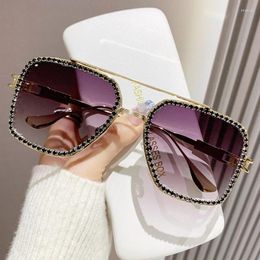 Sunglasses Fashion Square Diamond Inlay Women Oversized Metal Double Bridge Gradient Sun Glasses Travelling