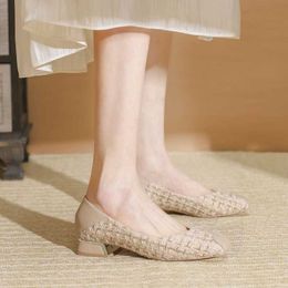 Dress Shoess Women's Shoes Little Fragrant Wind Fairy Gentle Thick Heel Shoes Girl Summer Shallow Mouth Soft Leather Grandma Spring and Autumn