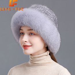 Sell Winter Knitted 100% Natural Mink Fur And Fox Fur Hats Lady Fluffy Genuine Fox Fur Cap Women Luxurious Real Mink Fur Hat 240127