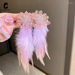 Dangle Earrings Luxury Sweet Shiny Crystal Long Tassel Pink Feather Drop For Women Elegant Wedding Brides Party Jewellery