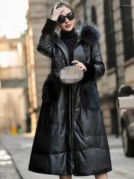 Women's Leather Jacket Luxury Raccoon Fur Collar Hooded Women Genuine Down Coat Winter Warm Loose Elegant Fashion Natural S2024