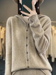 Long Sleeve Women Sweater Autumn Winter Casual Cardigan 100% Merino Wool Solid Hoodie Cashmere Knitwear Korean Fashion Tops 240131