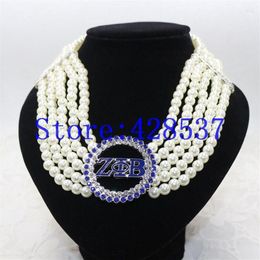 Choker Greece Greek Sorority Zeta Phi Beta Symbol Royal Blue White Crystal Pearl Jewelry Multilayered Necklaces271a
