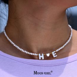 Necklaces Personalize Shell Initial Choker for Women Heart Fashion 3MM Natural Stone Freshwater Pearl Customized Name Letter Necklace