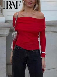 Women's Blouses Y2K Off Shoulder Women Casual Blouse 2024 Spring Foldsover Ruched Long Sleeve Elegant Stretch Slim Red Shirt Female Top