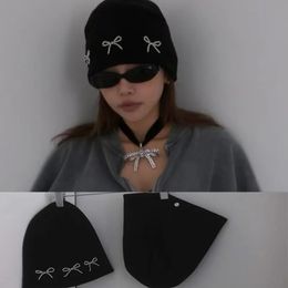 Korean Ins Beanie Hat Women Y2k Bow Knitted Casual Winter Warm Caps Ear Protection Soft Solid Color Thick Windproof Hip-Hop Hats 240131