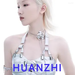 Choker HUANZHI Y2K Silver Colour Rose Adjustable Necklace Cyberpunk Waist Chain Arm Fashion Trend Jewellery For Women Men Unisex