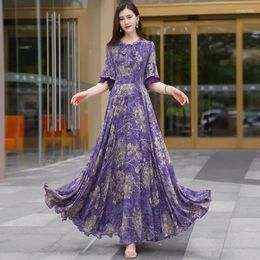 Party Dresses 2024 Summer Women Elegant Chiffon Maxi Fashion Print Purple Short-Sleeve Bohemia Beach Vacation A-Line