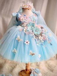 sky blue 2024 Flower Girl Dresses butterfly Princess puffy Girl Pageant Dress Birthday Gowns Hand Made Flowers Colourful Tiered Tulle Princess Queen Marriage gown