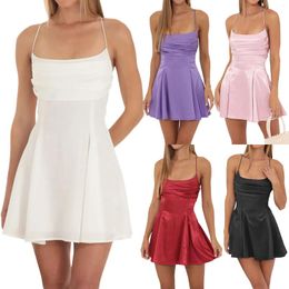 Casual Dresses Women And Acutes Summer Mini Dress Sleeveless Spaghetti Strap Tie Knot Back Short A-Line Solid Color Camisole