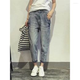 Women's Jeans Spring Korean Style Loose Office Ladies Streetwear Solid Colour Light Blue Elastic Bleach Scratch Denim Pants N16