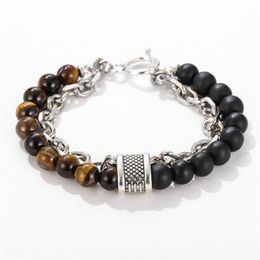 Link Bracelets Chain Tiger Eye Stone Beaded Men's Bracelet For Men Stainless Steel Gunmetal Yoga Viking Male Jewelry216n