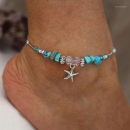 Bohemian Starfish Beads Stone Anklets for Women BOHO Silver Color Chain Bracelet on Leg Beach Ankle Jewelry 2019 NEW Gifts13025