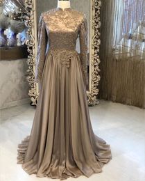 2024 Muslim Long Sleeves Dresses Wear Elegant Satin High Neck A-Line Lace Appliqus Top Brown Chiffon Dubai Arabic Women Formal Evening Gowns