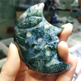 Decorative Figurines 8cm Natural Moss Agate Crystal Quartz Carved Crescent Moon Figurine Statues Healing Reiki Ornament Teenage Room Decor