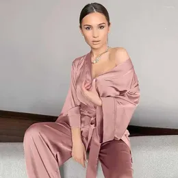 Women's Sleepwear PLUS SIZE Loose Satin Spring Summer Female 2PCS Pyjamas Set Loungewear Sexy V-Neck Cardigan Trouser Suits Home Wear