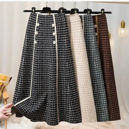 Skirts Plaid Button Knitted Skirt Women Autumn And Winter Fashion High Waist Mid-length Large Swing A-line