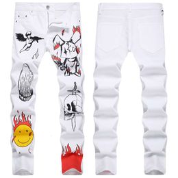 Spot 2023 Spring New Men's White Jeans Elastic Fashion Slim Fit Print Dyed Mid Waist Pants