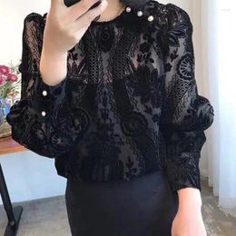 Women's Blouses Vintage Lace Jacquard Weave Shirt Spring Autumn Casual Round Neck Female Clothing Fashion Hollow Out Button Loose Velvet