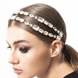 Hair Clips INS Rhinestone Double Layer Square Gem Flexible Headband Chain Jewelry For Women Luxury Crystal Bridal Head Headpiece