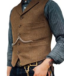 Mens Suit Vest Brown Wedding Wool Tweed Business Waistcoat Jacket Casual Slim Fit Gilet Homme Vests For Groosmen Man 240119