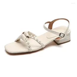 Sandals 2024 Women's Genuine Cow Leather Summer Square Toe Chunky Heels Beige Fashion Buckle Casual Peep Women Shoes