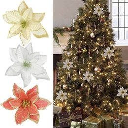 10pcs 12cm Glitter Artificial Flower Christmas Wreath Decoration Poinsettia Fake Flower for Wedding Party DIY Xmas Tree Ornament1217k