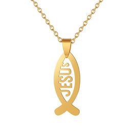 Pendant Necklaces Fashion Female Jesus Fish Drop Gold Colour Stainless Steel Christian Jewellery For Men Women Whole337a