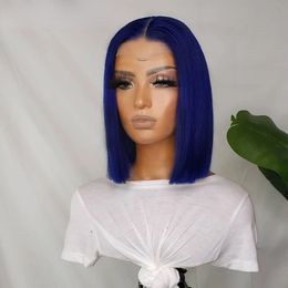 Blue Coloured Human Hair Bob Wig 13X4 Transparent Lace Frontal Wigs Brazilian Straight Short Bob Wig For Black Women