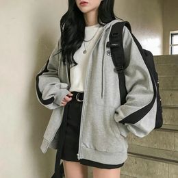 Zipper Hoodie Womens Retro Long sleeved Extra Large Solid Hoodie Autumn Korean Pocket Drawstring Sweatshirt 240131