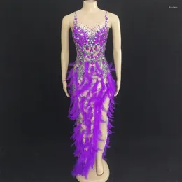 Stage Wear Sexy Purple Sequins Crystals Feather Long Dress Women Dancer Team Latin Modern Dance Costume Nightclub Bar Party