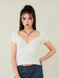 Women's T Shirts Womens Front Cross Wrap Crop Tops Ribbed Knit Deep V Neck Sexy Short Sleeve Side Split Tee Fitted Going Out Shirt