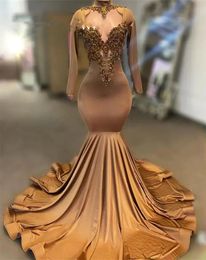 Long Brown O Neck Prom Dress for Black Girls Gold Pärled Crystal Birthday Party Gowns Mermaid Formal Gown Robe de Bal