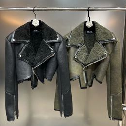 PREPOMP Winter Collection Turn Down Collar Zippers Sleeve Cuff Faux Fur Leather Jacket Women Irregular Coat GH010 240131