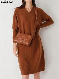 Casual Dresses Ezsskj Autumn Winter Wool V-NECK Long Straight Sweater Dress Women Oversize Maix THICK Basic Knit