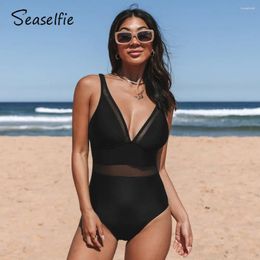 Women's Swimwear SEASELFIE Mesh Plunge Neck One-piece Swimsuit For Women Sexy Adjustable Straps Monokini 2024 Bathing Suit Beachwear