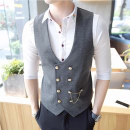 Mens Double Breasted Vest Spring Slim Sleeveless Formal Suit Gray Black Fashion Business Casual 240119