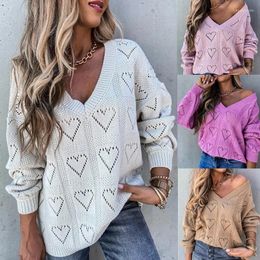 Women's Sweaters Casual Solid Color Sweater Women Jumper Pullover Tops Fashion Lady Hollow Out Heart Shape V Neck Ribbed Knitted S-2XL