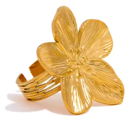 Waterproof 14k Yellow Gold Flower Big Open Ring for Women Trendy Fashion Party Summer Statement Jewellery