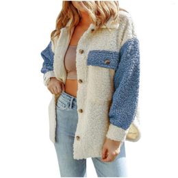 Women's Jackets Autumn And Winter Long Sleeve Fleece Lamb Wool Jacket Casual Colour Block Coats Button Down Turn-Down Collar Cardigan