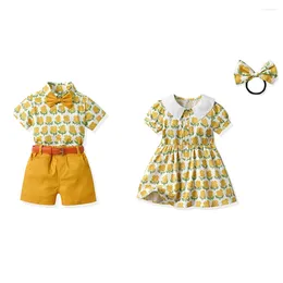 Clothing Sets 2024 Summer Brother Sister Matching Boys Bowtie Gentleman Girls Princess Dress Holiday Pography Outfits