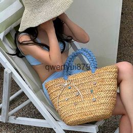 Totes andmade natural grass woven bag Frenc seaside resort style diamond denim tote bagH24131