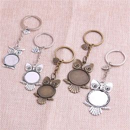 Keychains 5Pcs/Lot Metal Key Chain Round Owl Cabochon Setting DIY Vintage Handmade Jewellery Making